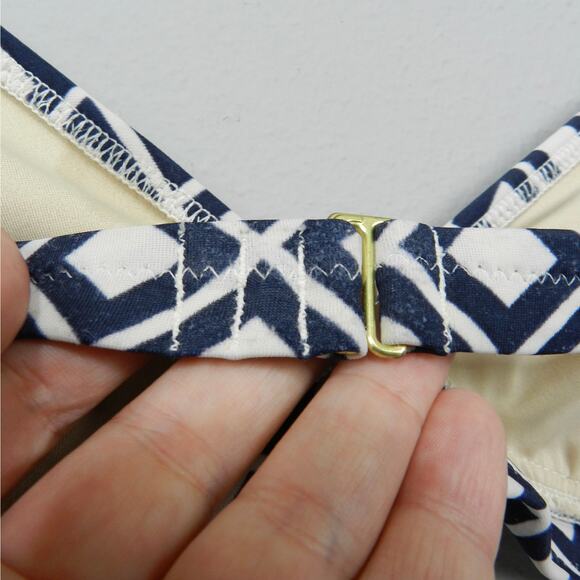 J Crew Triangle Bikini Swim Top Sz M Navy Blue Ivory Geometric Square Tile A3035 - Picture 4 of 10